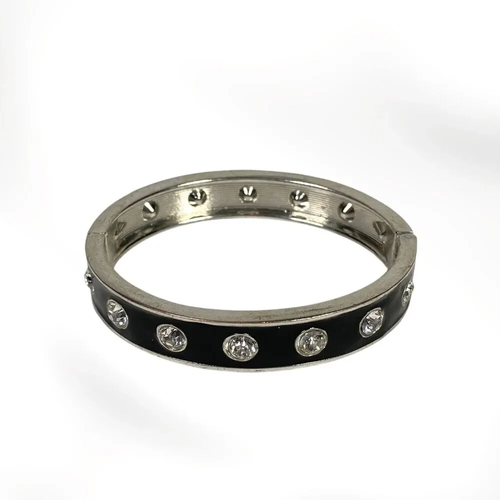 VTG Enamel Rhinestone Studded Bracelet Black Silver Tone Hinged Bangle Clamper